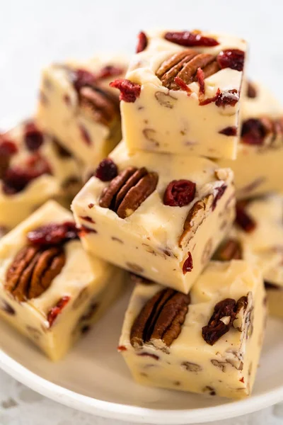 Pedaços Chocolate Branco Caseiro Cranberry Pecan Fudge Uma Placa Cerâmica — Fotografia de Stock
