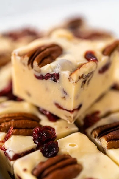Corte Chocolate Branco Cranberry Pecan Fudge Pequenos Pedaços Uma Placa — Fotografia de Stock