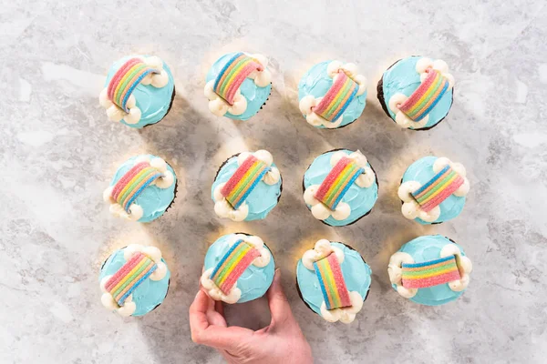 Flat Lay Chocolate Cupcakes Decorated Blue Buttercream Frosting Rainbow Unicorn — Stock Photo, Image