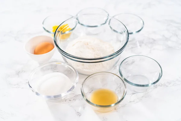 Lemon Cookies White Chocolate Measured Ingredients Glass Mixing Bowls Bake — Stock Photo, Image