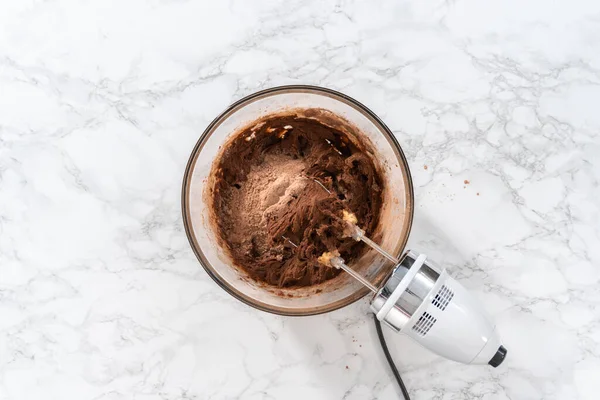 Flat Lay Mixing Ingredients Hand Mixer Bake Chocolate Cookies Chocolate — Stockfoto