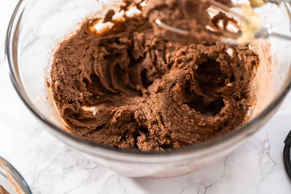 Mixing Ingredients Hand Mixer Bake Chocolate Cookies Chocolate Hearts Valentines — Stockfoto