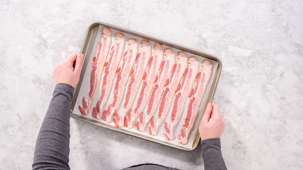 Flat Lay Step Step Uncooked Bacon Strips Baking Sheet White — Stock Photo, Image