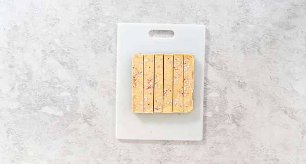 Flat Lay Cutting Candy Cane Fudge Large Kitchen Knife Square — Stock Photo, Image