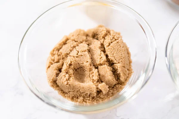 Measured Ingredients Glass Mixing Bowl Prepare Cinnamon Crumb Topping — Stock Photo, Image