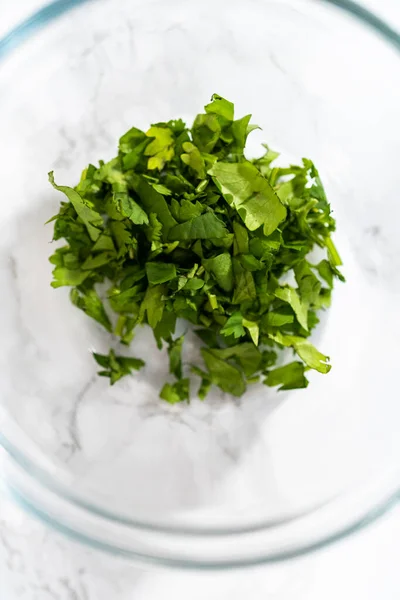 Cilantro Lime Rice Measured Ingredients Glass Mixing Bowls Prepare Cilantro — Stockfoto