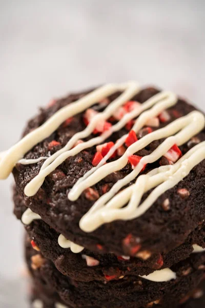 Freshly Baked Chocolate Cookies Peppermint Chips White Chocolate Drizzle Top — Stock Photo, Image
