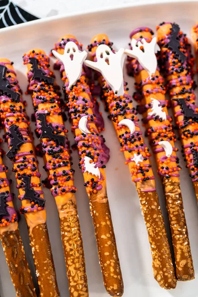 Halloween Chocolate Covered Pretzel Rods Sprinkles White Serving Plate — Stock Photo, Image