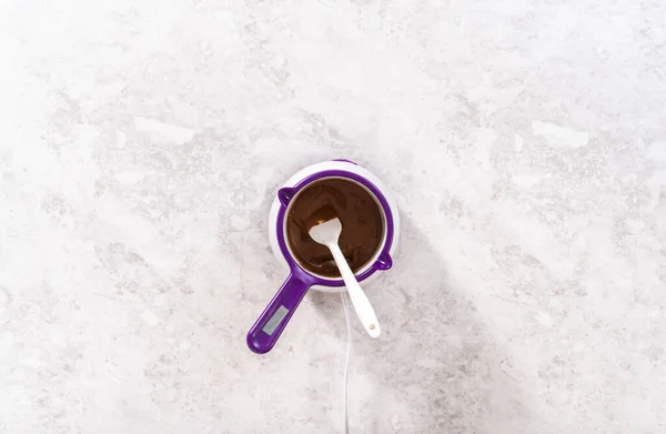 Flat Lay Melting Chocolate Melts Candy Melting Pot Prepare Gourmet — Stock Photo, Image
