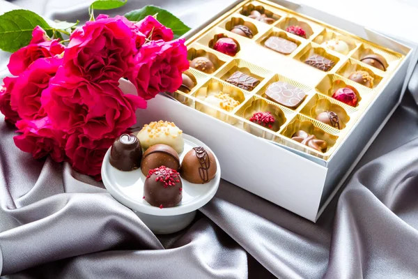 Gift Box Assorted Gourmet Chocolate Truffles Silver Silk — Stock Photo, Image