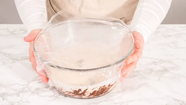 Step Step Preparing Chocolate Ganache Glass Mixing Bowl — Stock Photo, Image