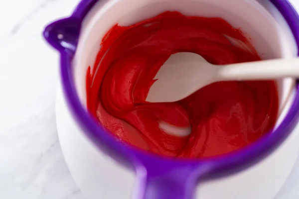 Melting Red Chocolate Chips Candy Melting Pot Make Chocolate Lips — Photo
