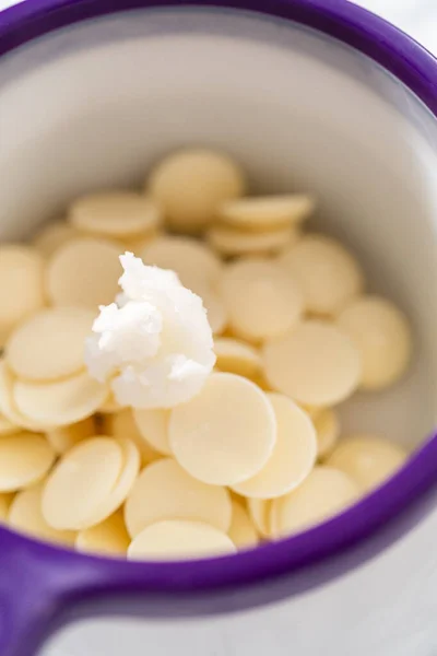 Melting Chocolate Melts Candy Melting Pot Prepare Mermaid Tails Seashells — Stock Photo, Image