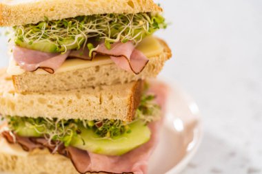 Stack of ham, cucumber, and sprout sandwiches on the white plate