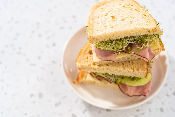 Stack Ham Cucumber Sprout Sandwiches White Plate —  Fotos de Stock