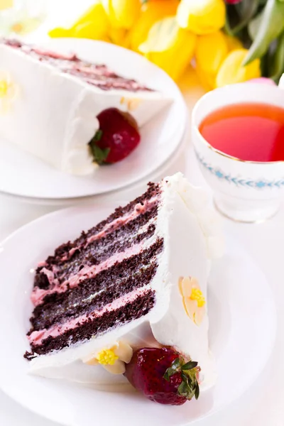 Σοκολάτα Φράουλα Λεμόνι Torte Στρώματα Κέικ Σοκολάτας Που Γεμίζουν Στάρπη — Φωτογραφία Αρχείου