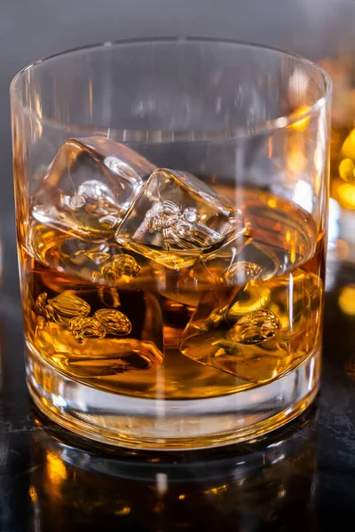 Scotch Rocks Whiskey Glass Black Marble Surface — Stock Photo, Image