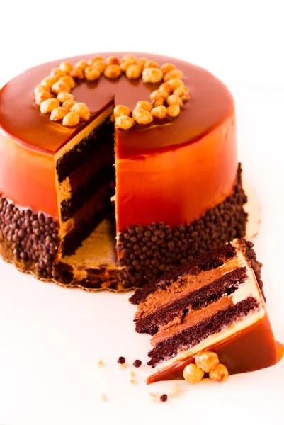 Gourmet Chocolate Hazelnut Caramel Cake White Background — Stock Photo, Image