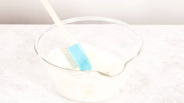 Step Step Mixing Blue Food Coloring Buttercream Frosting — Stock Photo, Image