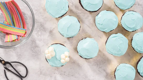 Plat Gelegd Stap Voor Stap Versieren Chocolade Cupcakes Met Boterroom — Stockfoto