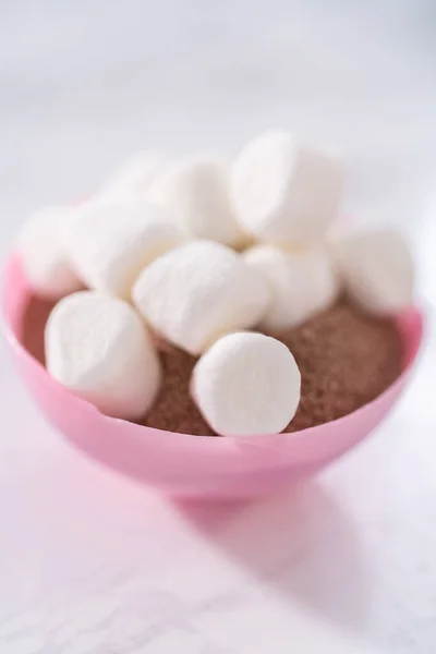 Filling Pink Chocolate Shells Hot Chocolate Mix Mini Marshmallows Prepare — Stock Photo, Image