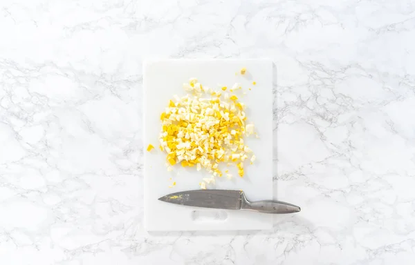 Flat Lay Cutting Hard Boiled Eggs Shape Loaf White Cutting — Stock Photo, Image