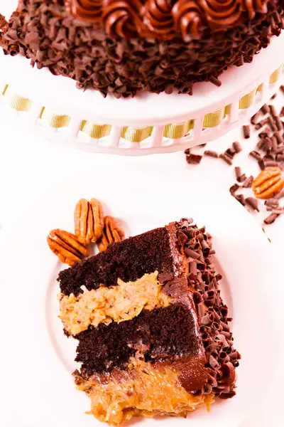German Chocolate Cake Two Layers Chocolate Cake Filled Topped Classic — Stock Photo, Image