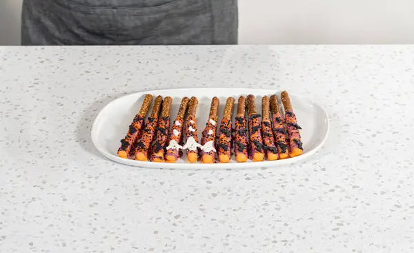 Halloween Chocolate Covered Pretzel Rods Sprinkles White Serving Plate — Stock Photo, Image