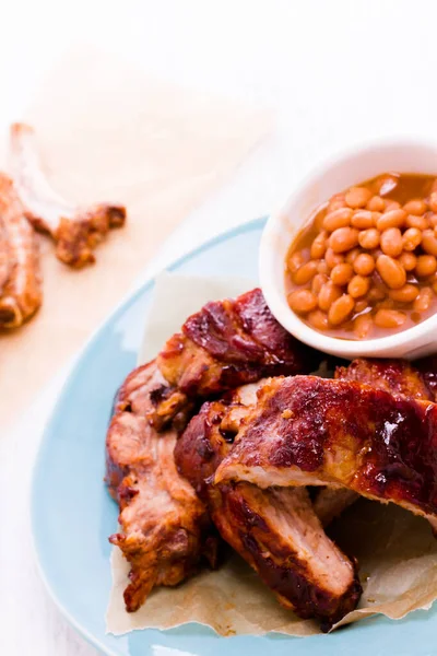 Baby Back Ribs Plate Baked Beand — Stock Photo, Image