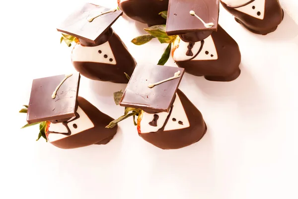 Gourmet Chocolate Covered Strawberries Decorated Graduation Party — Stock Photo, Image