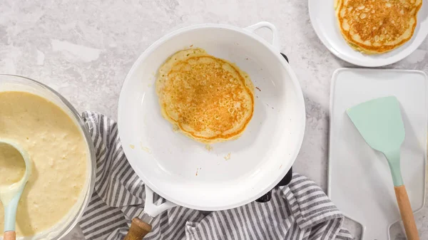 Flat Lay Step Step Frying Coconut Banana Pancakes Nonstick White — Stock Photo, Image