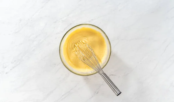 Flat Lay Mixing Ingredients Large Glass Mixing Bowl Bake Lemon — Stock Photo, Image