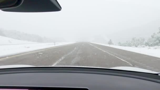 Pov Electric Vehicle Captured Deftly Navigating Highway Winter Storm Western — Stock Video