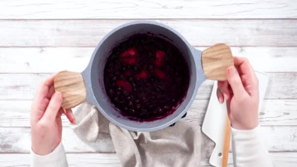 Pas Pas Pregătirea Compotului Fructe Padure Congelate Într Vas Gătit — Videoclip de stoc