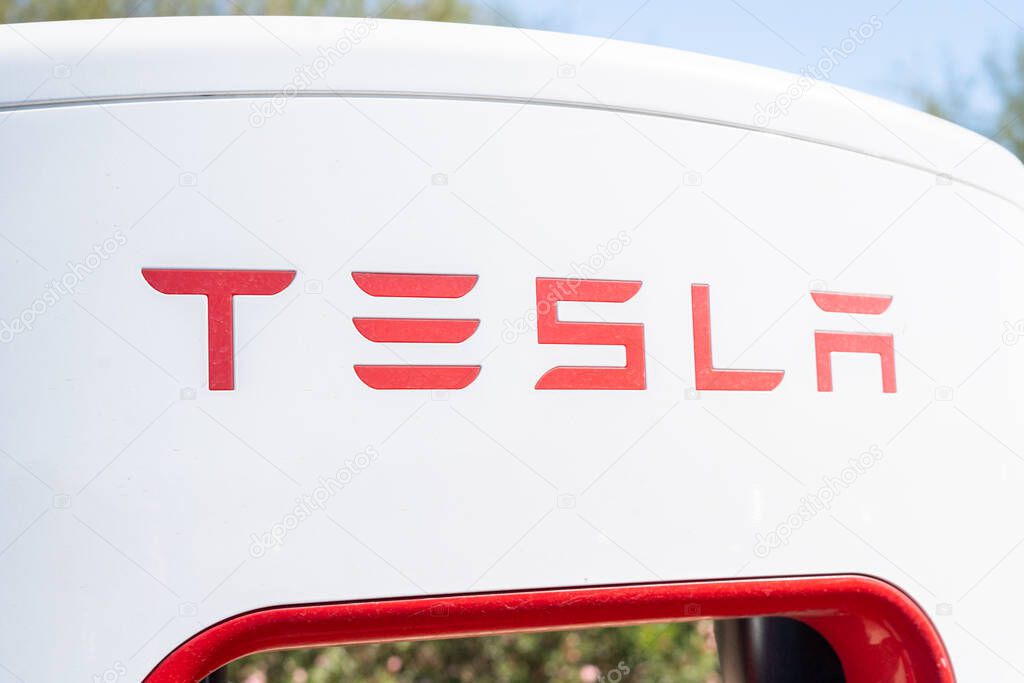 Las Vegas, California, USA-October 16, 2021 - Tesla supercharging station during the day.