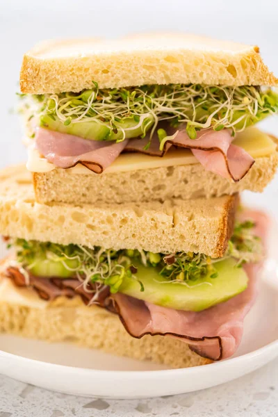 Stack Ham Cucumber Sprout Sandwiches White Plate – stockfoto