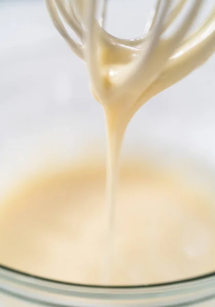 Mixing Ingredients Hand Whisk Make Eggnog Glaze — Stock Photo, Image