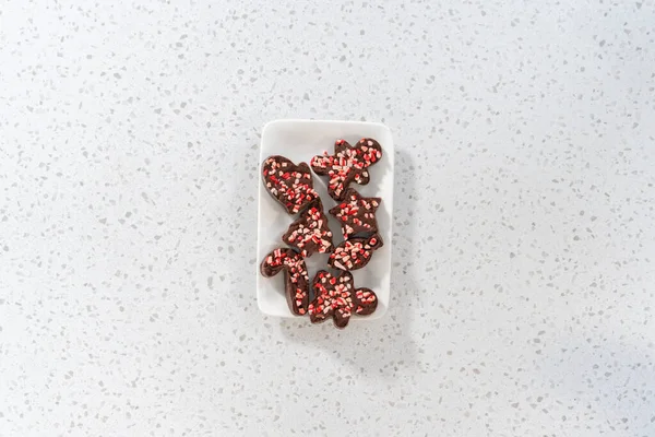 Flat Lay Freshly Made Christmas Cookie Cutter Peppermint Fudge Serving — Stock Photo, Image