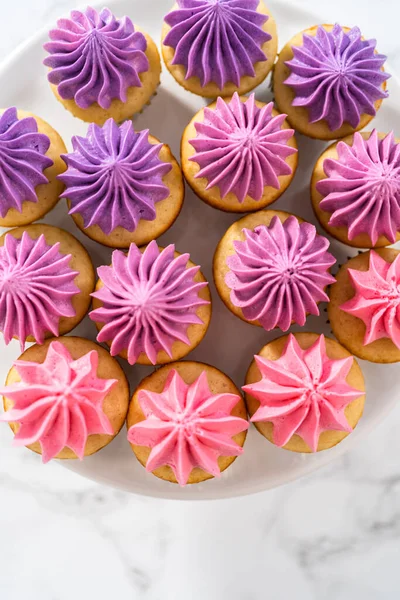 Nybakade Mini Vanilj Muffins Med Ombre Rosa Smörkräm Glasyr Vit — Stockfoto