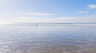 Küçük kız, soğuğa göğüs geriyor, kışın sahilde mayosuyla koşuyor..