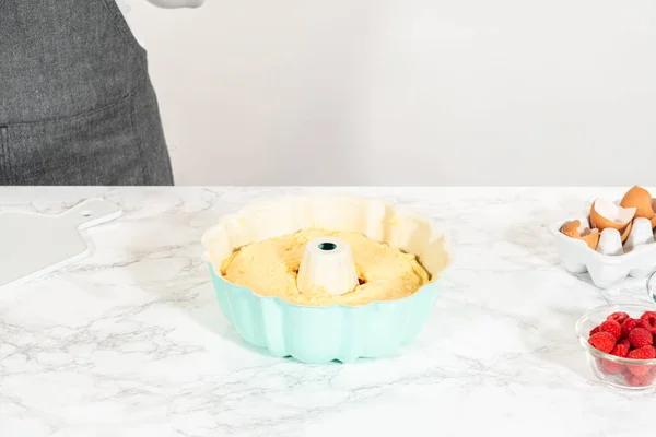 Greasing Bundt Cake Pan Its Time Fill Prepared Cake Batter — Stock Photo, Image