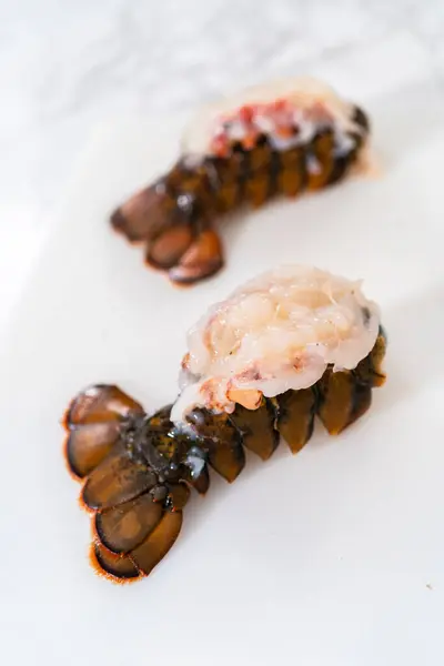 Preparing Raw Lobster Tails Make Garlic Lobster Tails — Stock Photo, Image