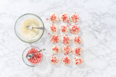 Düz yatıyordu. Naneli beyaz çikolatalı kurabiyeler hazırlamak için eritilmiş beyaz çikolataya çikolatalı kurabiyeler batırmak..