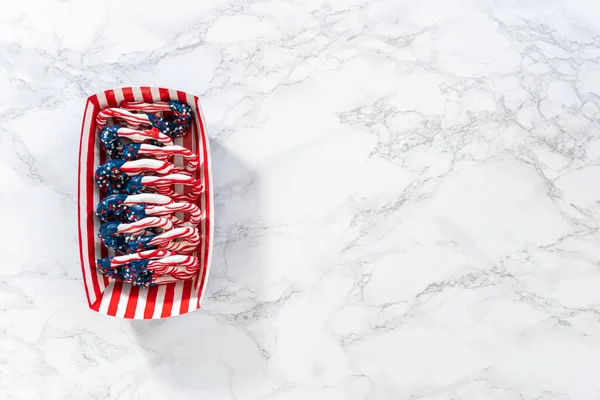 Flat Lay American Flag Red White Blue Chocolate Covered Pretzel — Stock Photo, Image