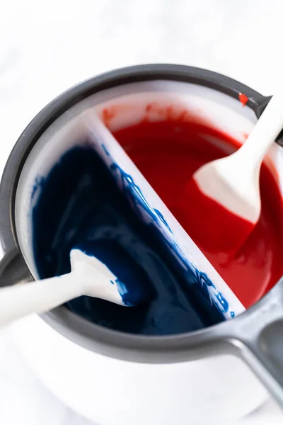Melting Chocolate Chips Candy Melting Pot Make Red White Blue — Stock Photo, Image