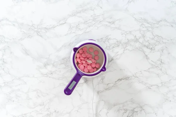 Flat Lay Melting Pink Chocolate Chips Candy Melting Pot Make — Stock Photo, Image