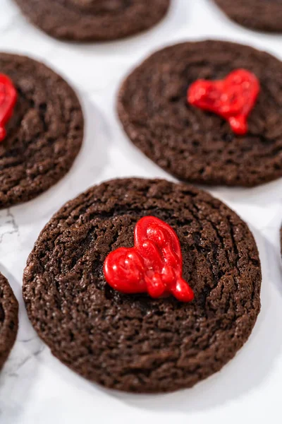 Freshly Baked Chocolate Cookies Chocolate Hearts Valentines Day — Foto de Stock
