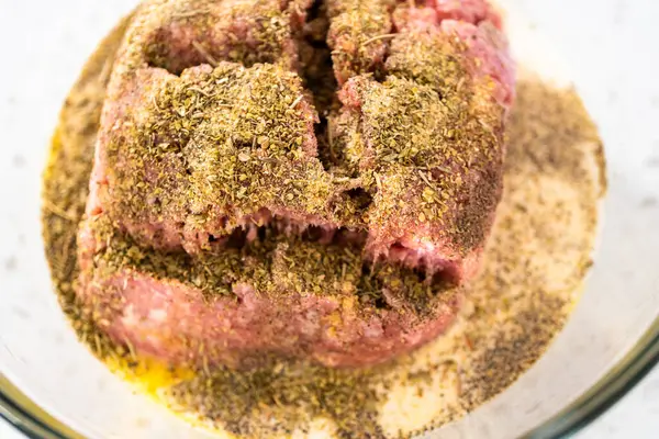Fırında Pişmiş Köfte Hazırlamak Için Malzemeleri Cam Bir Kasede Patates — Stok fotoğraf