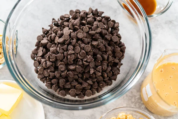 Measured Ingredients Glass Mixing Bowls Prepare Chocolate Hazelnut Fudge — Stock Photo, Image