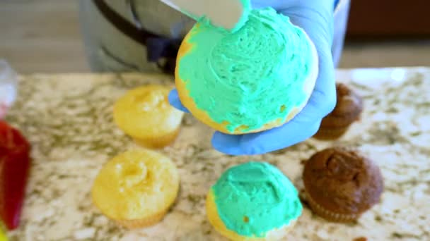 Usando Glaseado Crema Mantequilla Cupcakes Vainilla Chocolate Están Intrincadamente Decorados — Vídeos de Stock